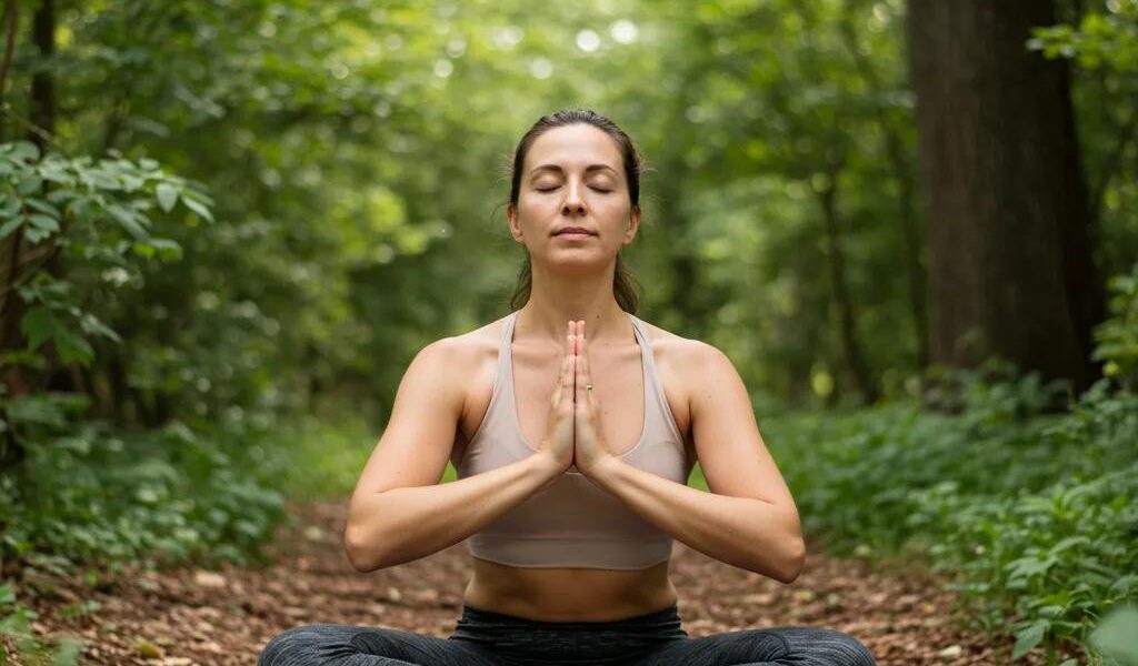 Person practicing self-empathy through mindful movement in a serene outdoor setting