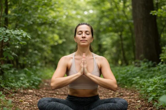 Person practicing self-empathy through mindful movement in a serene outdoor setting