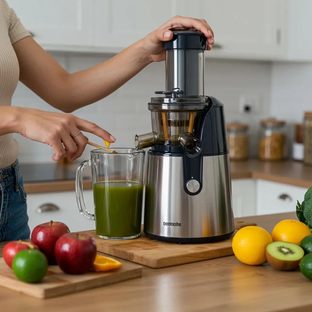 Person bereitet Detox‑Saft mit frischen Zutaten in einer modernen Küche zu