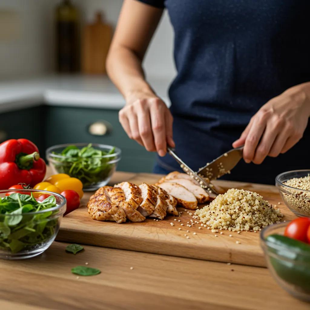 Person bereitet schnelle, gesunde Mittagsgerichte mit Hähnchen, Quinoa und Gemüse in einer hellen Küche zu