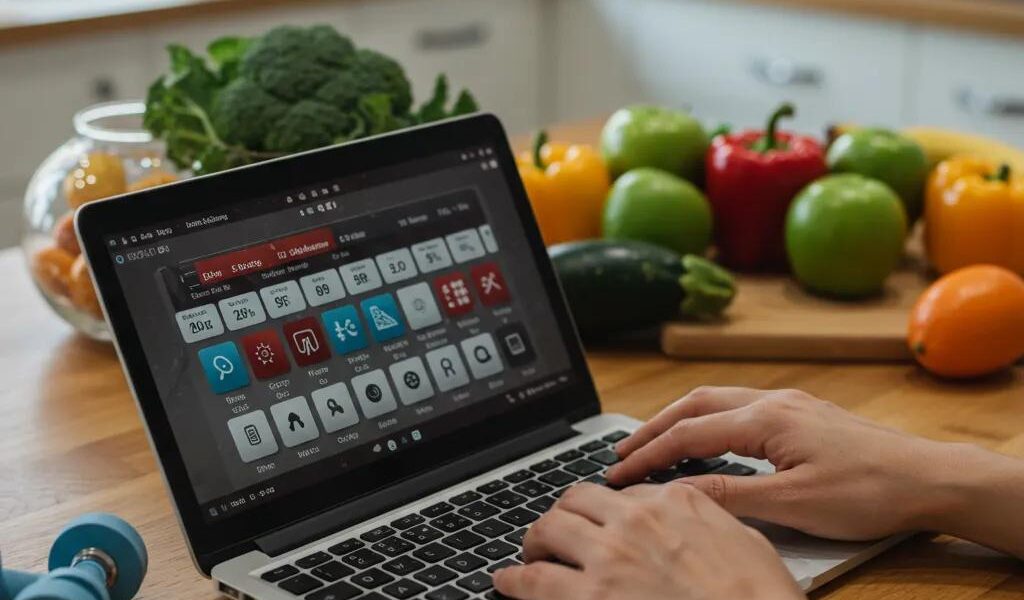 Person using a calorie calculator in a bright kitchen with fresh produce