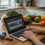 Person using a calorie calculator in a bright kitchen with fresh produce