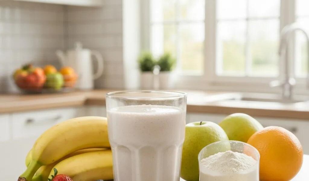 Protein shake with whey protein and fresh fruits in a bright kitchen setting
