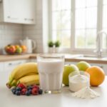 Protein shake with whey protein and fresh fruits in a bright kitchen setting