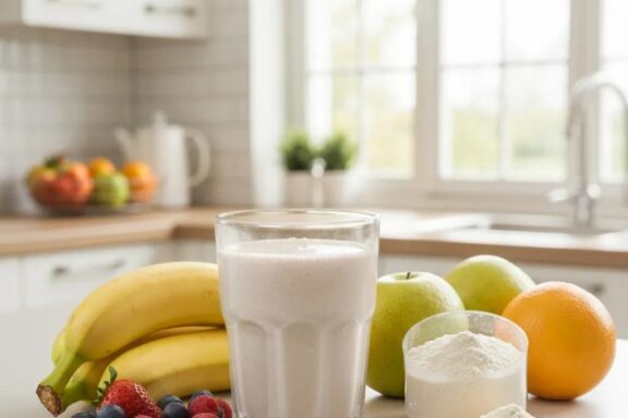 Protein shake with whey protein and fresh fruits in a bright kitchen setting