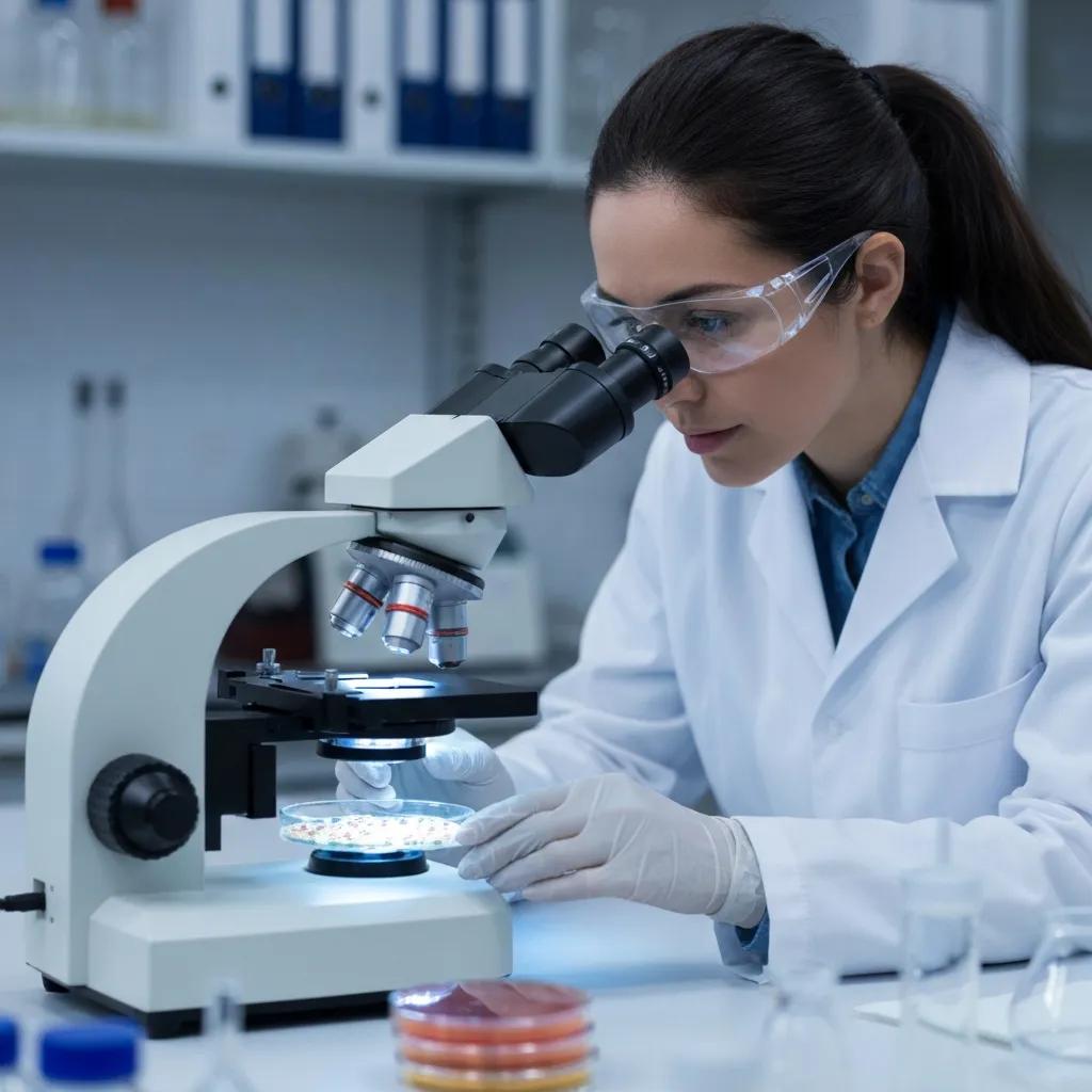 Forscherin betrachtet Hefezellen unter dem Mikroskop – Einsatz von Saccharomyces cerevisiae in Laborstudien