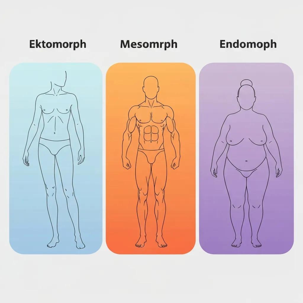 Silhouetten von Ektomorph, Mesomorph und Endomorph, die Unterschiede in der Körperzusammensetzung zeigen
