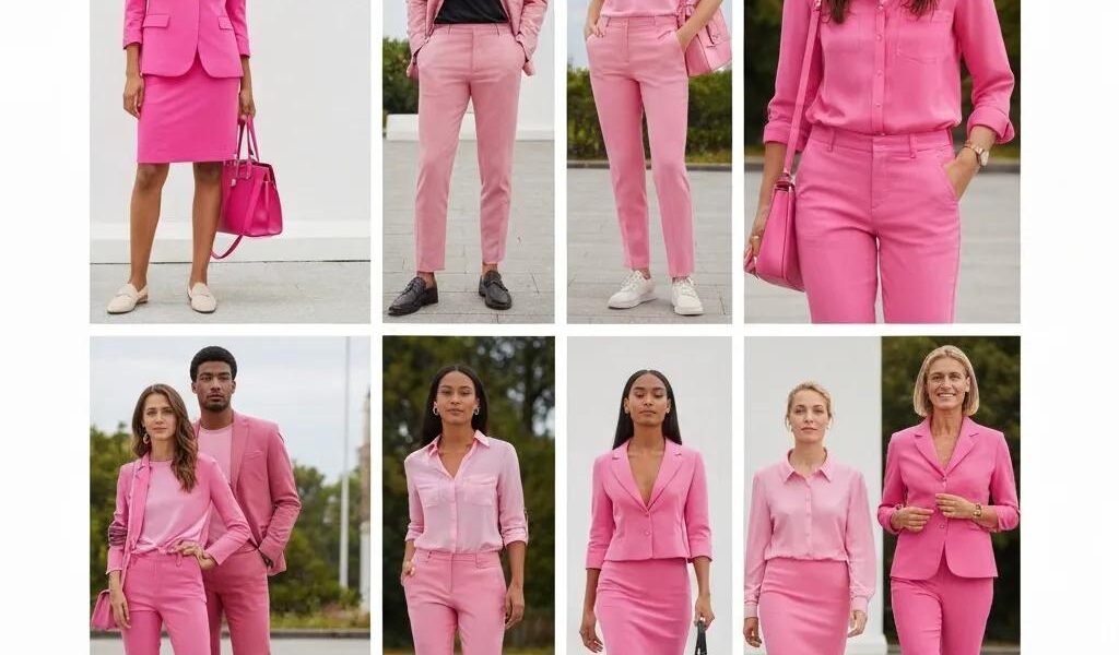 Stylish outfits featuring pink clothing in a vibrant outdoor setting, showcasing versatility and creativity in fashion
