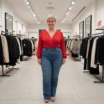 Stylish woman in high-waisted jeans and fitted top in a clothing store, representing fashion for A-figure