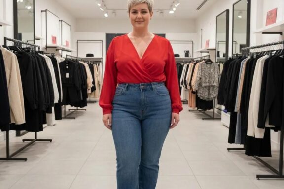 Stylish woman in high-waisted jeans and fitted top in a clothing store, representing fashion for A-figure