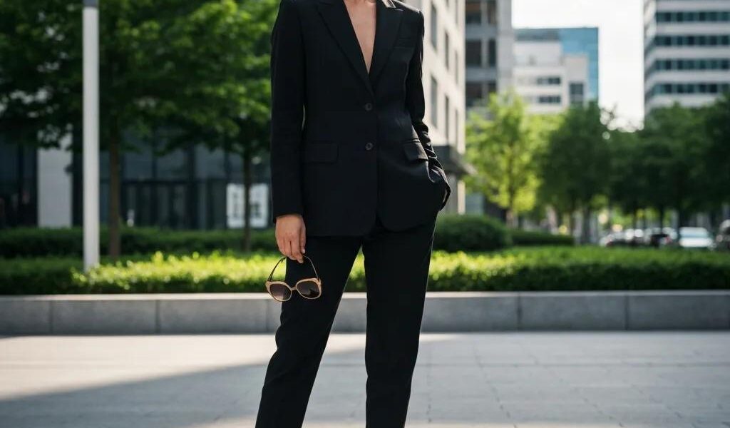 Stylish woman over 40 in a tailored suit, representing modern fashion alternatives to dresses