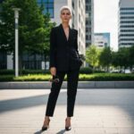 Stylish woman over 40 in a tailored suit, representing modern fashion alternatives to dresses