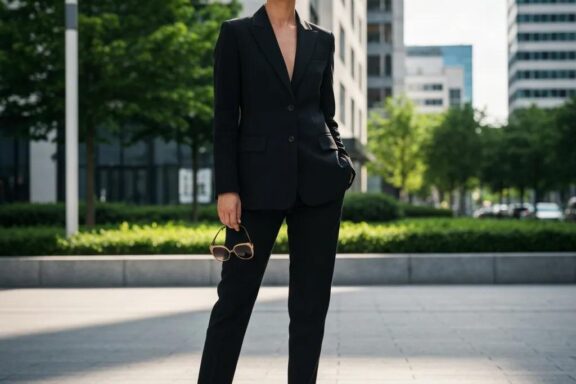 Stylish woman over 40 in a tailored suit, representing modern fashion alternatives to dresses