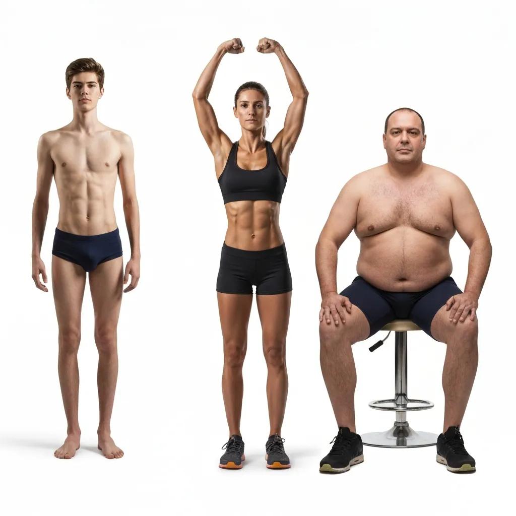 Drei Personen, die Ektomorph, Mesomorph und Endomorph darstellen, in Sportkleidung