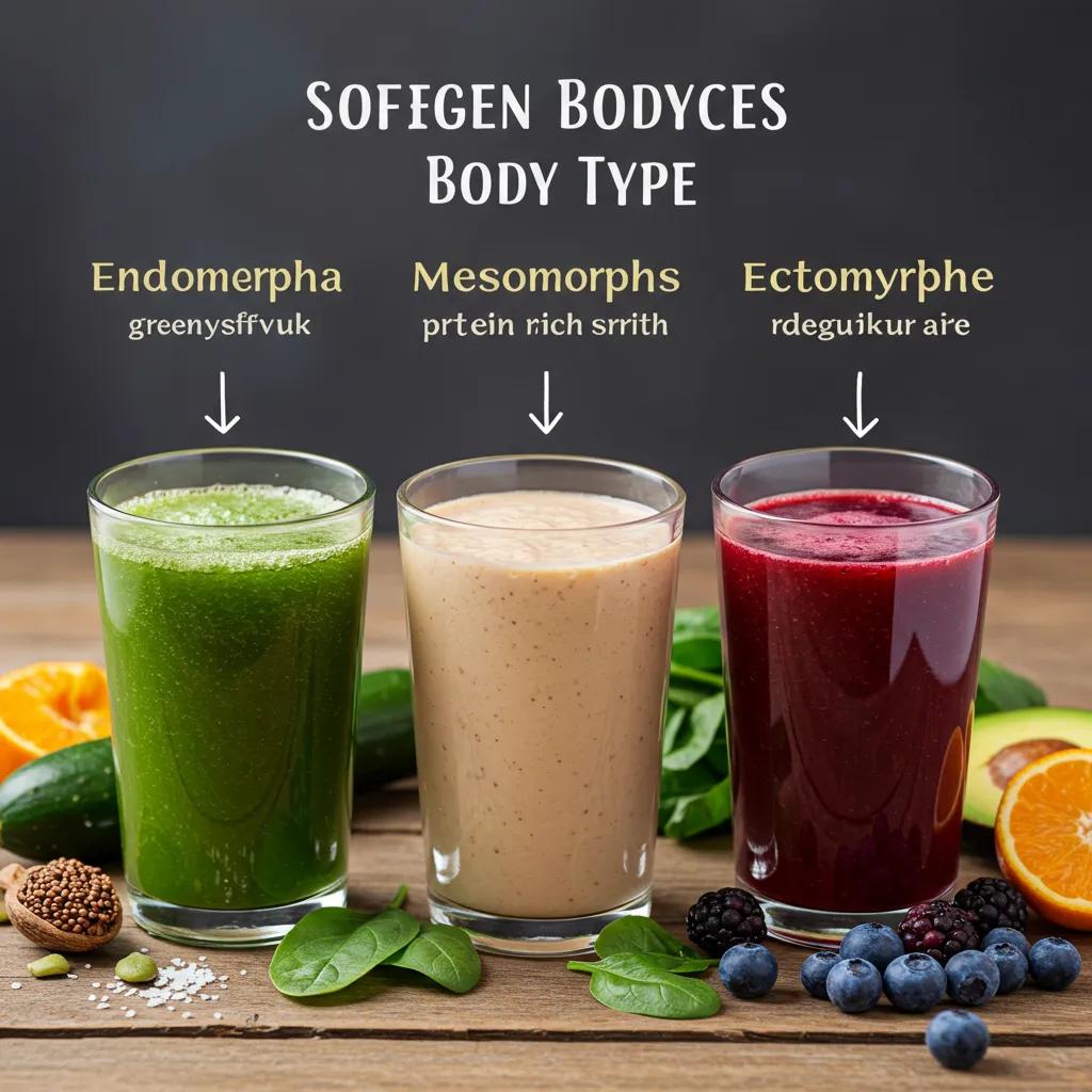 Drei Gläser Saft als Symbol für verschiedene Körpertypen: grüner Saft, proteinreicher Smoothie und Beerensaft