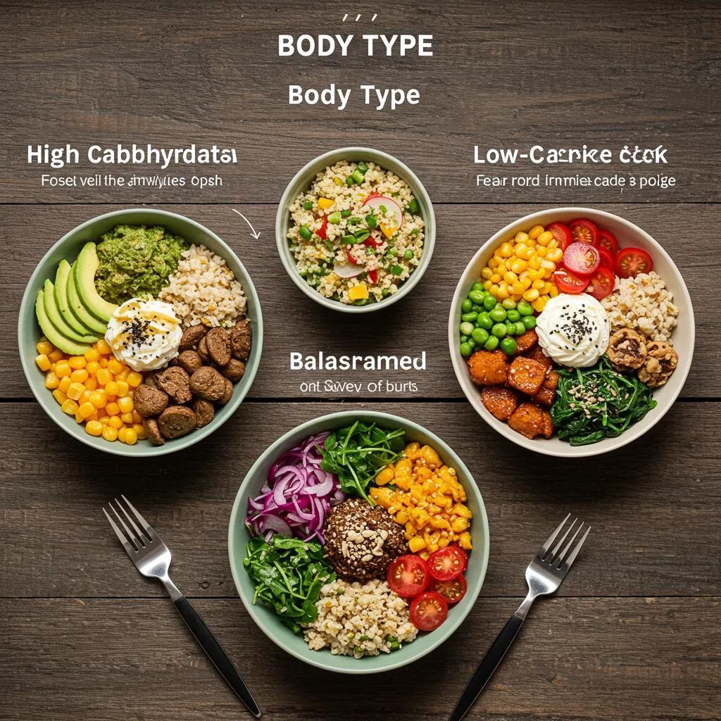 Drei Schalen mit Mahlzeiten für unterschiedliche Körpertypen: kohlenhydratreich, ausbalanciert und low-carb — frische Zutaten im Fokus