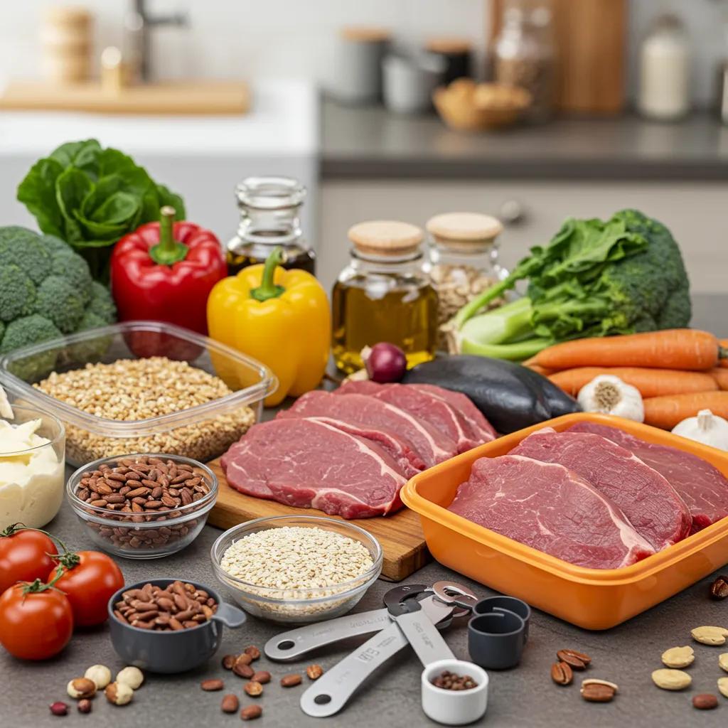 Vielfalt an Clean‑Eating‑Lebensmitteln: mageres Fleisch, Vollkorn und Gemüse