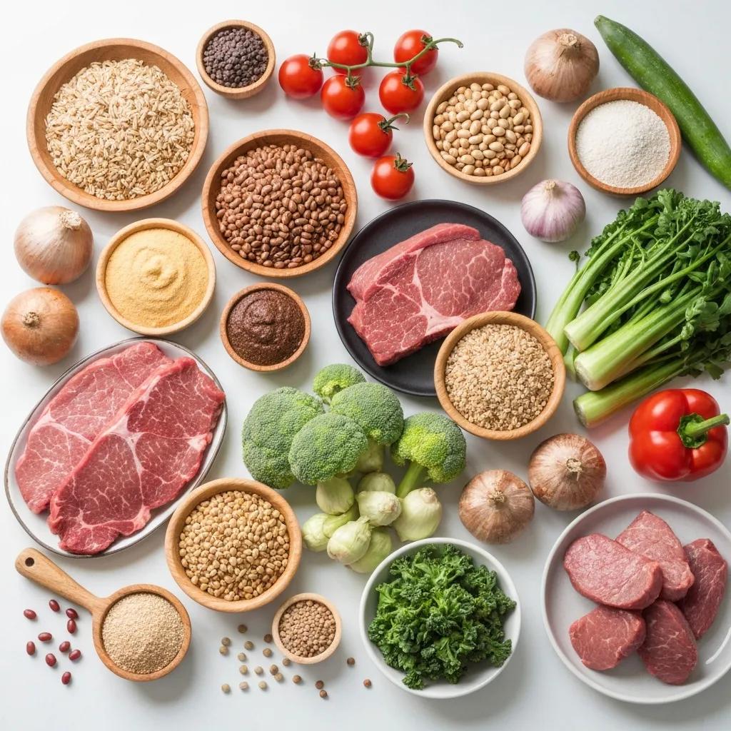 Auswahl empfehlenswerter Lebensmittel für Endomorphe: mageres Fleisch, Hülsenfrüchte, Vollkorn, buntes Gemüse