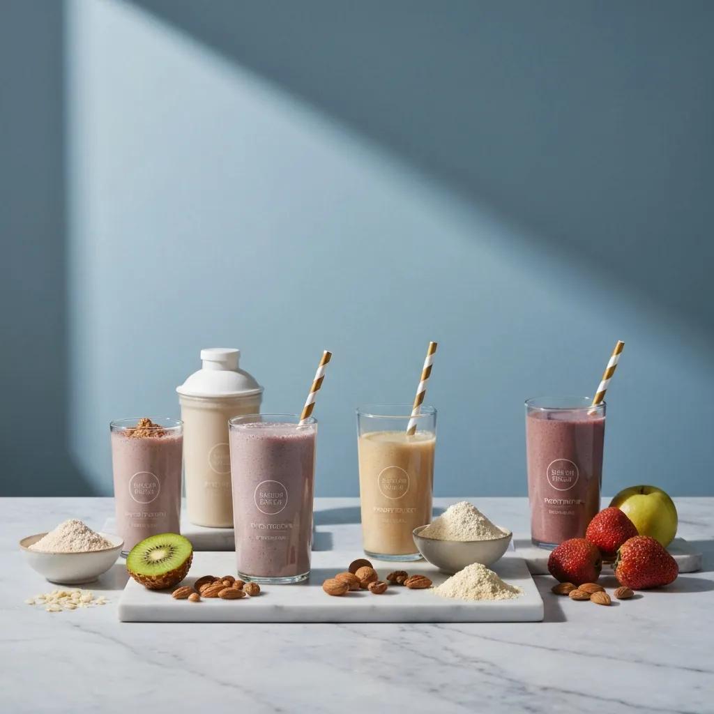 Verschiedene Proteinshake‑Rezepte mit frischen Zutaten auf einem Tisch