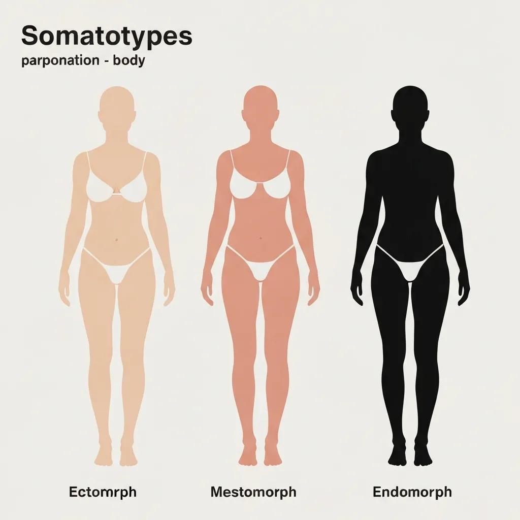 Grafische Darstellung: Ektomorph, Mesomorph und Endomorph mit ihren typischen Merkmalen
