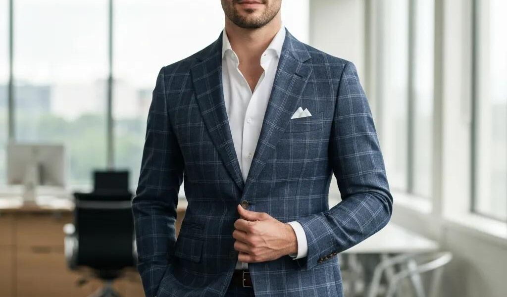 Mesomorpher Mann in einem gut sitzenden Anzug, der Passform und Stil zeigt