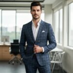 Mesomorpher Mann in einem gut sitzenden Anzug, der Passform und Stil zeigt