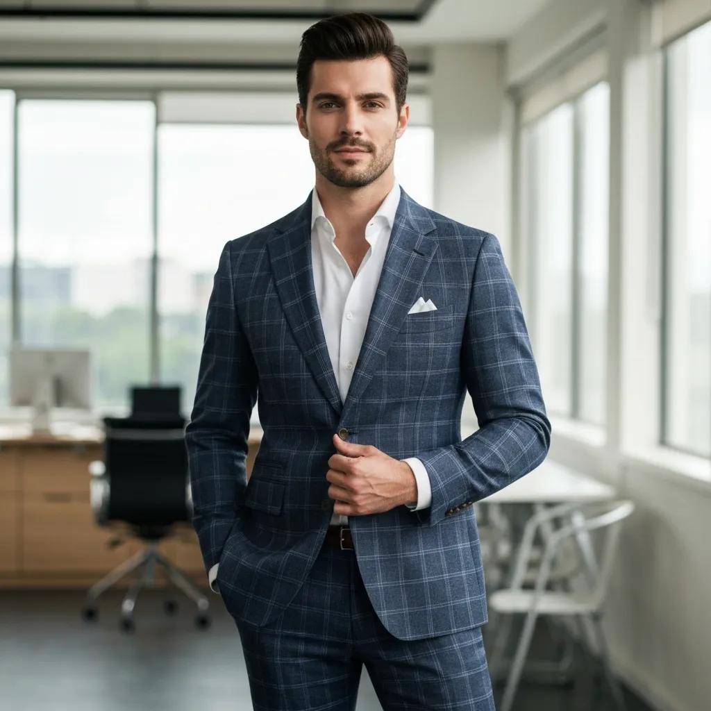 Mesomorpher Mann in einem gut sitzenden Anzug, der Passform und Stil zeigt