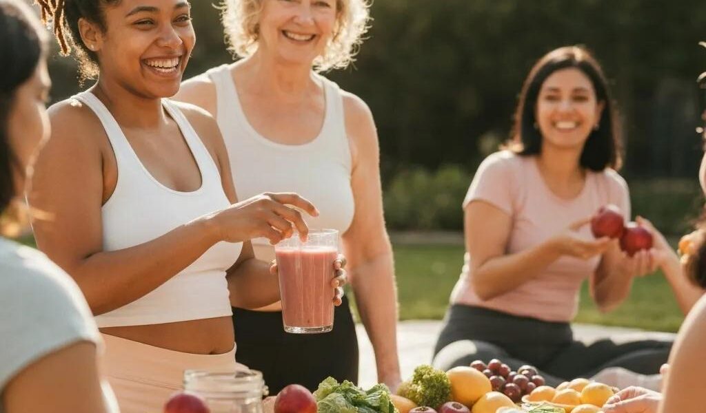 Women enjoying healthy foods and exercise, promoting healthy weight gain and body positivity