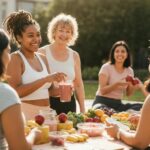 Women enjoying healthy foods and exercise, promoting healthy weight gain and body positivity