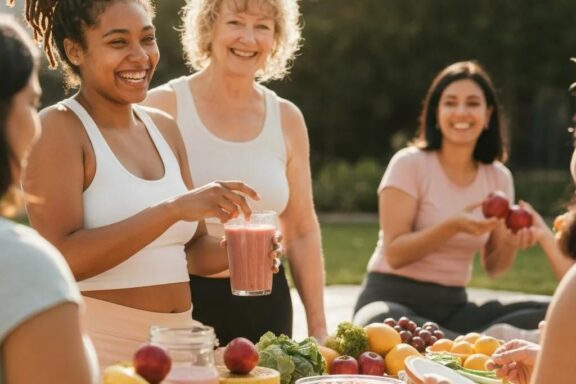 Women enjoying healthy foods and exercise, promoting healthy weight gain and body positivity