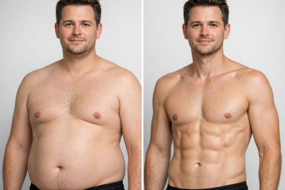 Vorher-Nachher-Bild eines Mannes, der eine körperliche Transformation von Übergewicht zu muskulösem Körperbau zeigt, passend zum Thema der Veränderung von Essgewohnheiten und Motivation für Endomorphe.
