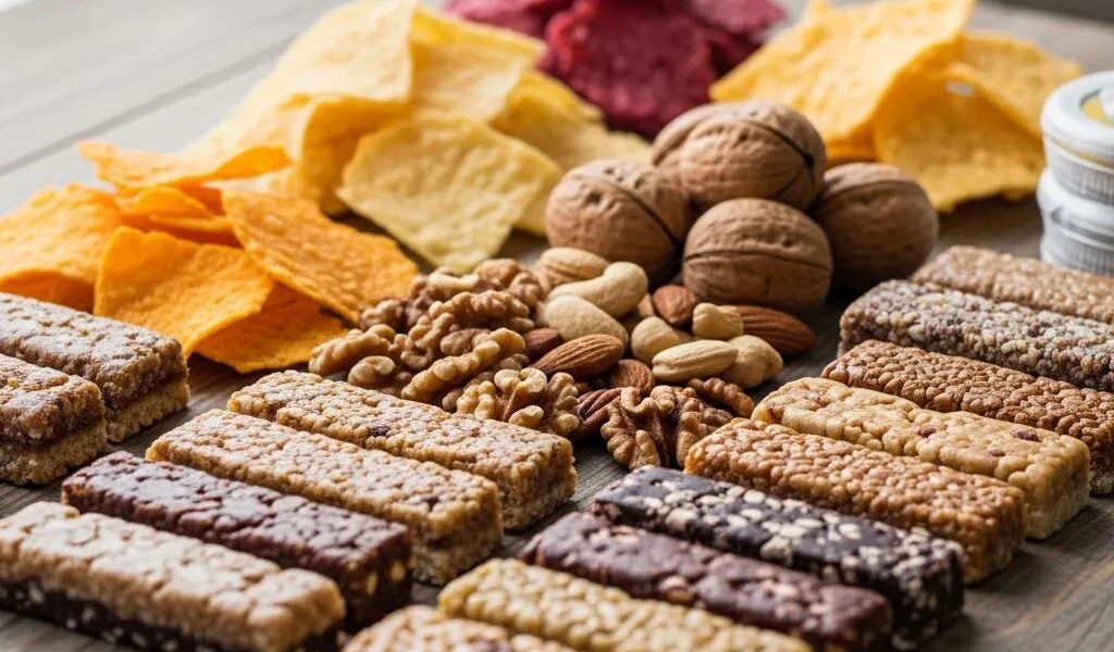 A colorful assortment of keto snacks including cheese chips, nuts, and protein bars, emphasizing healthy eating for an active lifestyle