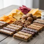 A colorful assortment of keto snacks including cheese chips, nuts, and protein bars, emphasizing healthy eating for an active lifestyle