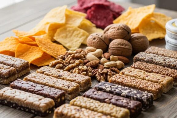 A colorful assortment of keto snacks including cheese chips, nuts, and protein bars, emphasizing healthy eating for an active lifestyle