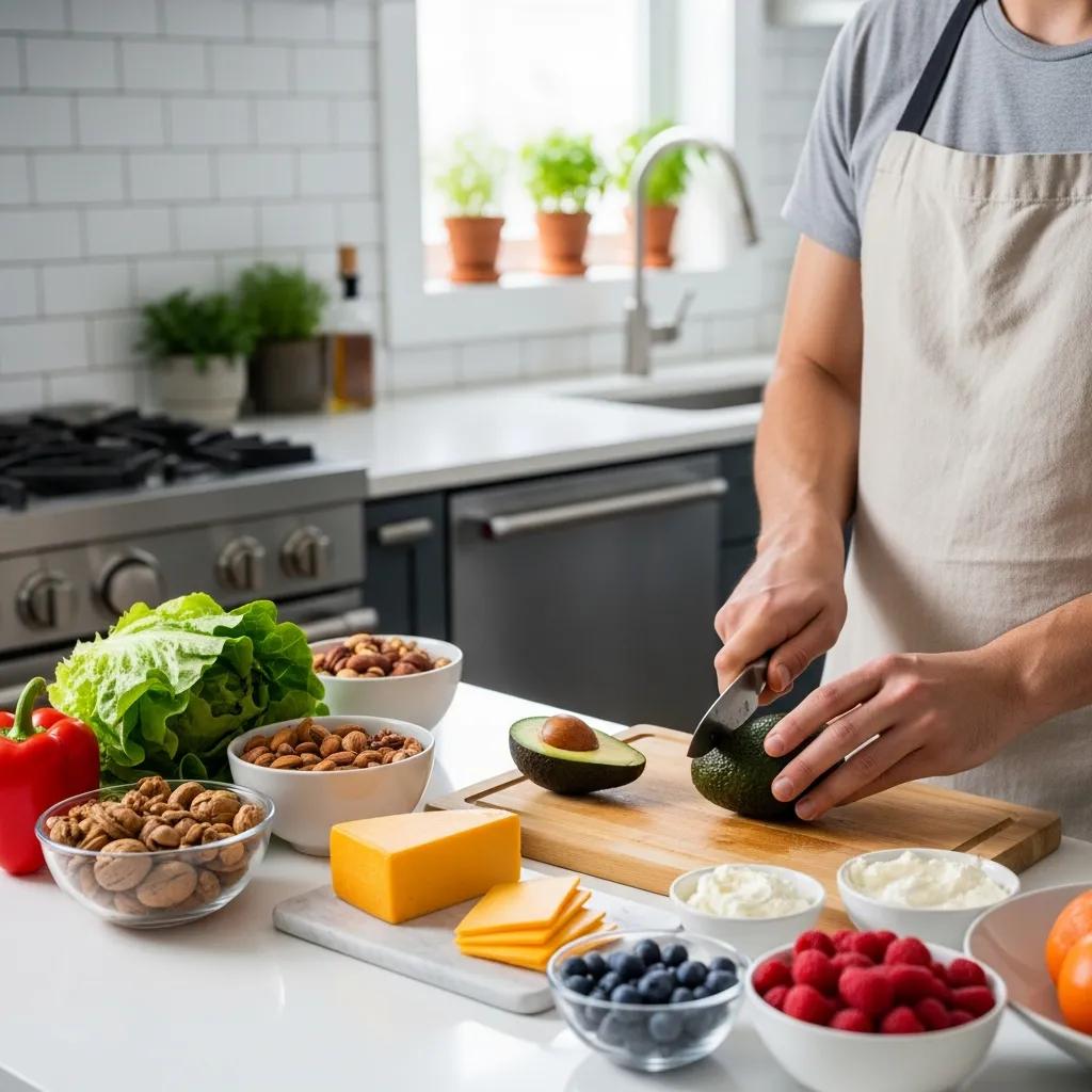 Jemand bereitet Keto‑Snacks in der Küche vor: Avocado, Nüsse und praktische Portionsbehälter