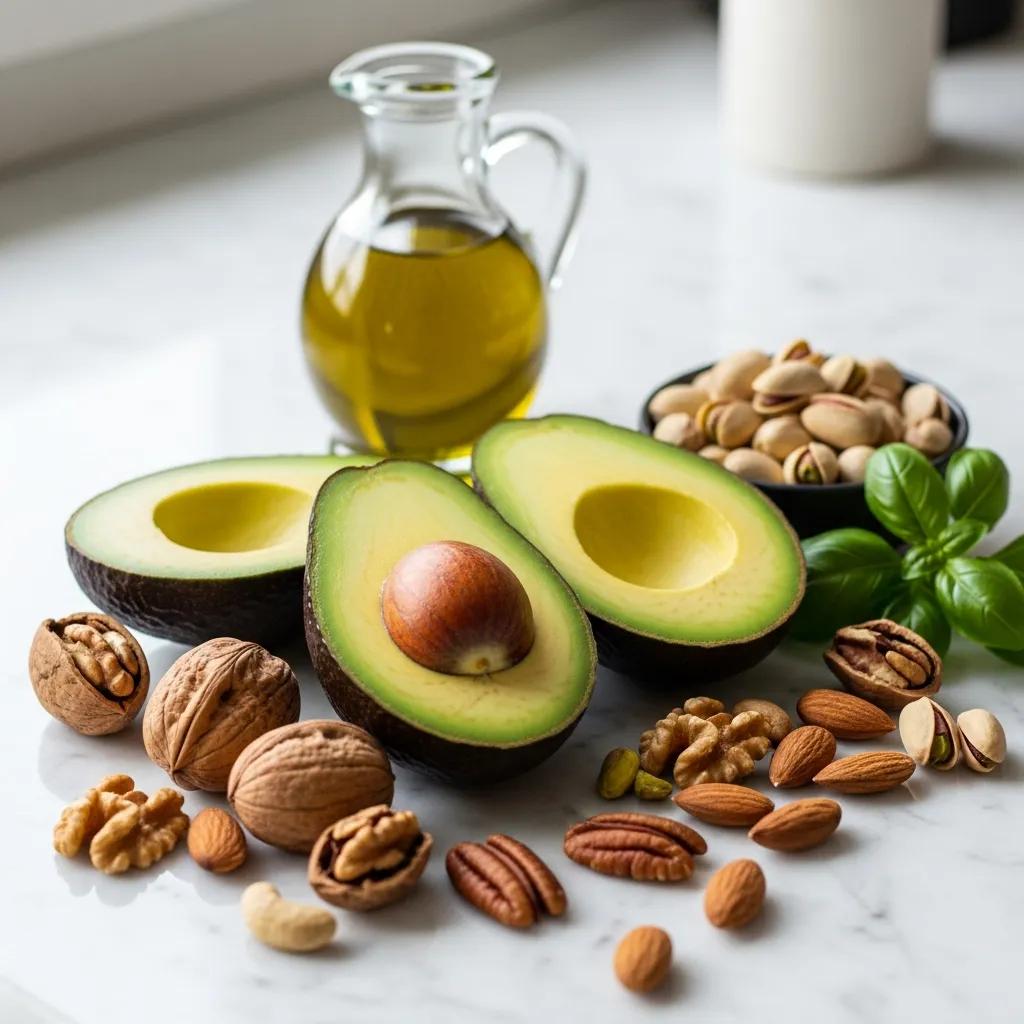 Künstlerische Anordnung gesunder Fette: Avocado, Nüsse und Olivenöl auf Marmor