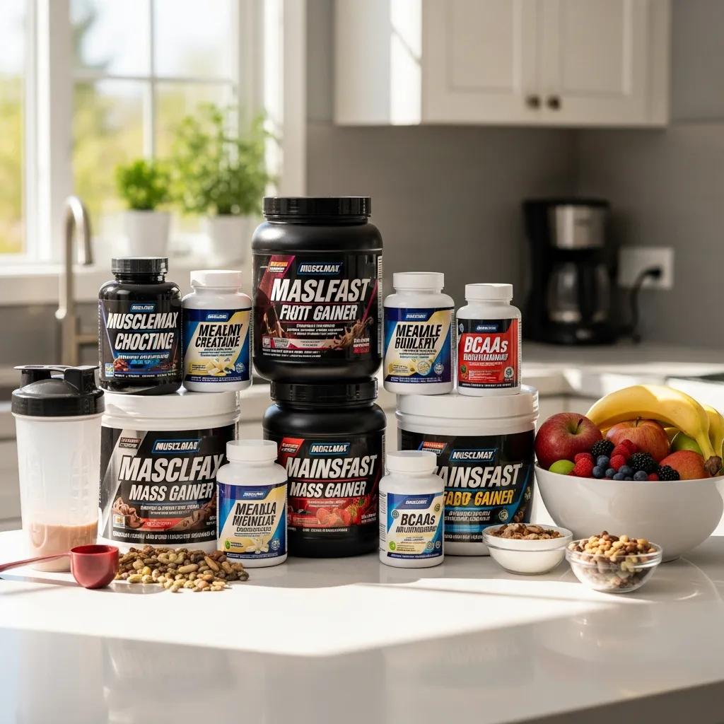 Verschiedene Nahrungsergänzungen für Muskelaufbau, darunter Proteinpulver und Vitamine