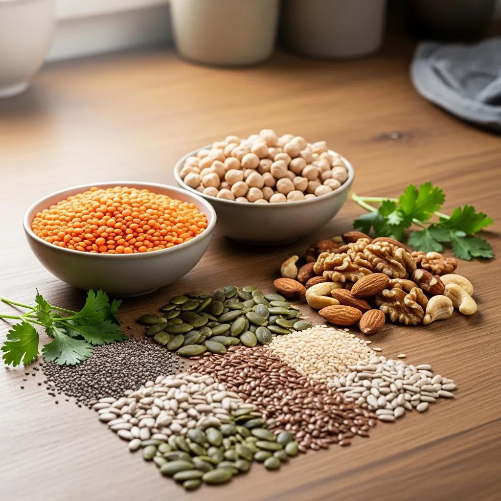 Verschiedene pflanzliche Proteinquellen: Linsen, Kichererbsen und Nüsse – gute Optionen für den Muskelaufbau