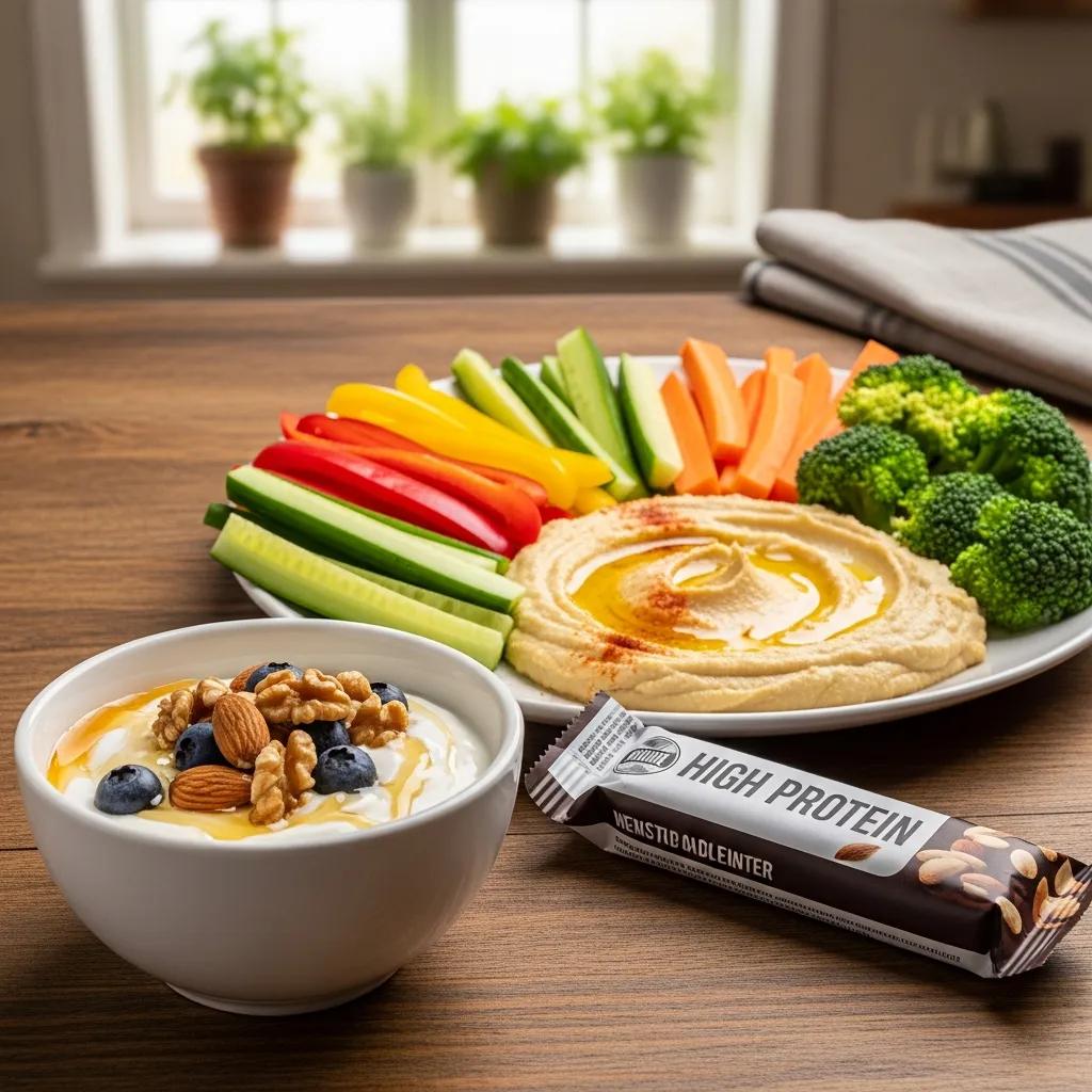 Auswahl schneller, gesunder Snacks wie griechischer Joghurt mit Honig, Hummus mit Gemüse und ein Proteinriegel – praktisch für Ektomorphe