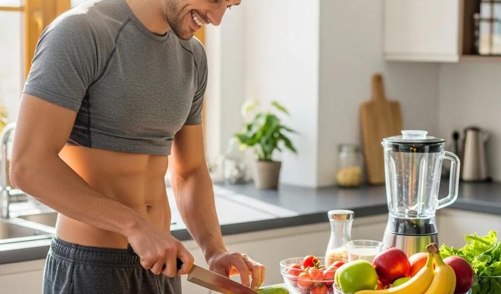 Athletic ectomorph preparing a healthy meal in a bright kitchen