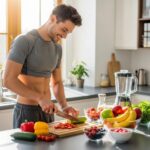 Athletic ectomorph preparing a healthy meal in a bright kitchen
