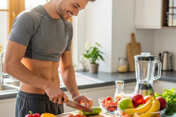Athletic ectomorph preparing a healthy meal in a bright kitchen