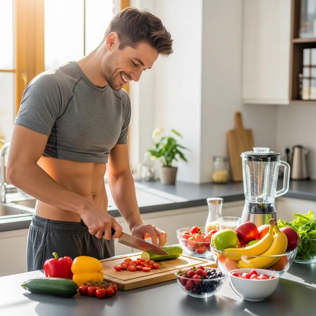 Athletic ectomorph preparing a healthy meal in a bright kitchen
