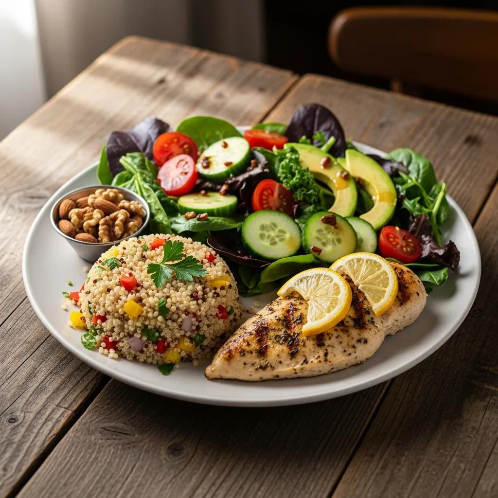 Ausgewogene Mahlzeit für Endomorphe: gegrilltes Hähnchen, Quinoa und Salat zur Stoffwechselunterstützung