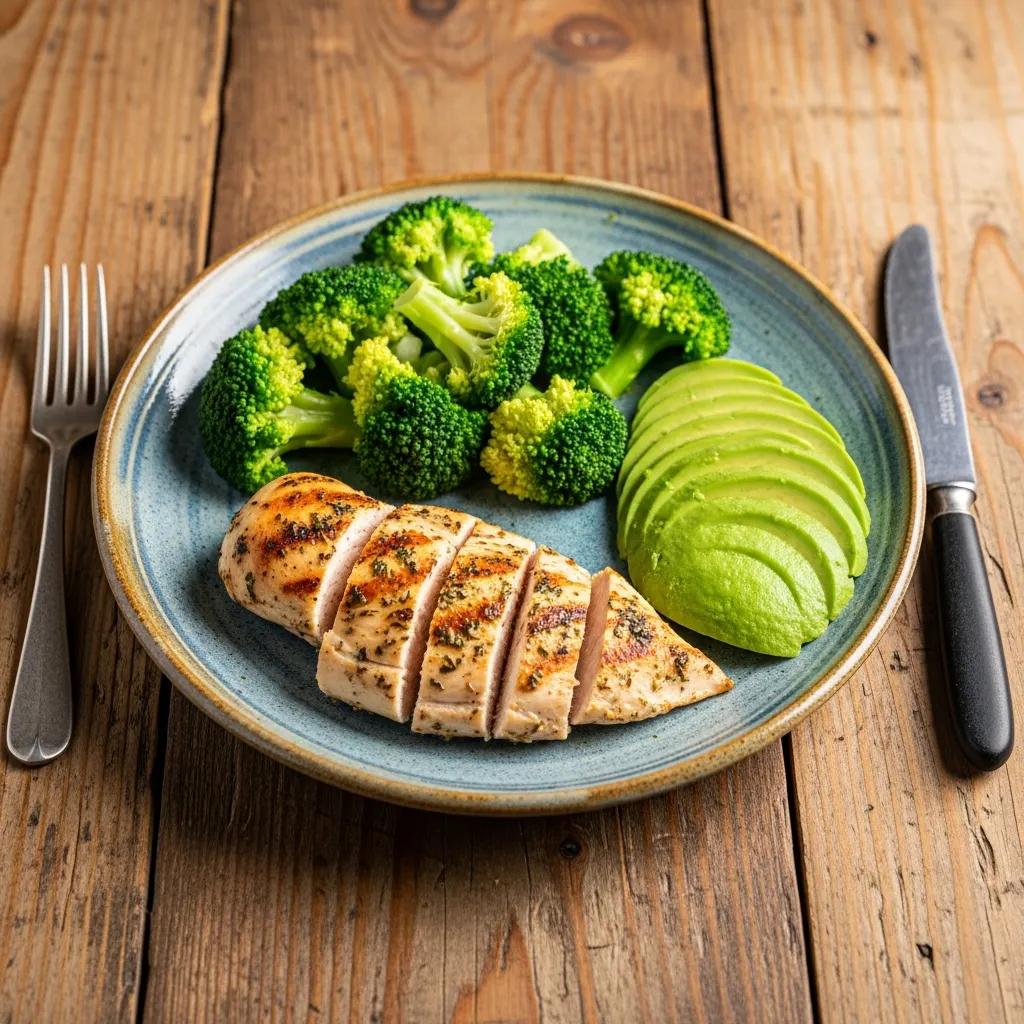 Ausgewogene Mahlzeit für Endomorphe: gegrillte Hähnchenbrust, Brokkoli, Avocado