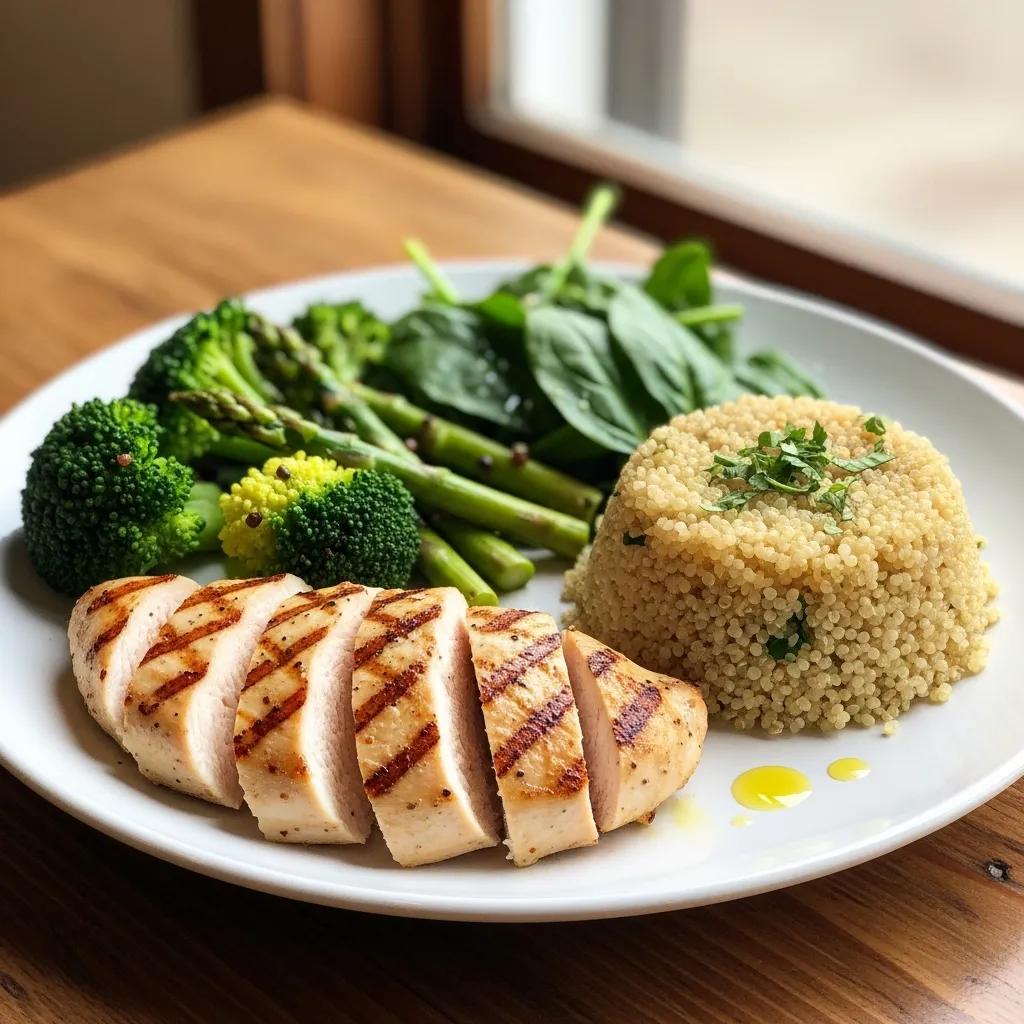 Ausgewogene Mahlzeit für Endomorphe mit gegrilltem Hähnchen, Quinoa und grünem Gemüse