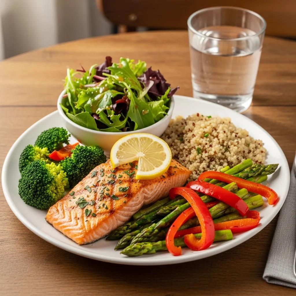 Ausgewogene Mahlzeit für Mesomorphe mit magerem Protein, Vollkorn und Gemüse zur Unterstützung des Muskelaufbaus