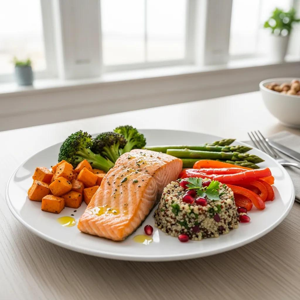 Ausgewogener Teller mit magerem Protein, Gemüse und Vollkorn – Beispiel für Endomorph-Ernährung