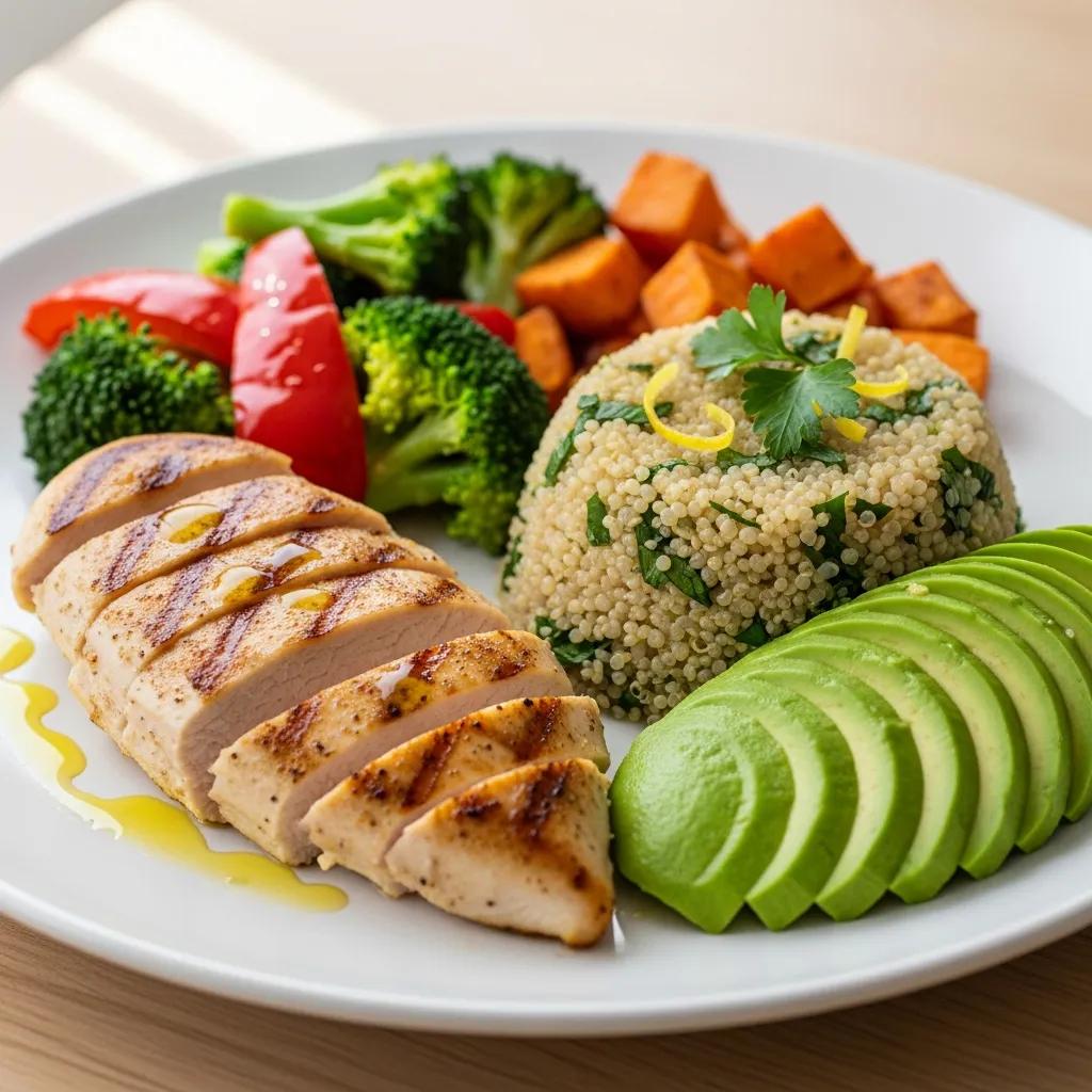 Ausgewogener Teller mit gegrilltem Hähnchen, Quinoa und Avocado für den Endomorph-Detox