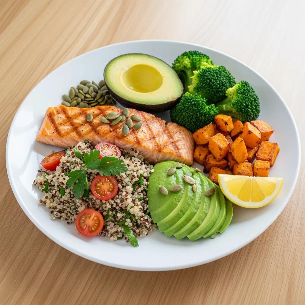 Ausgewogener Teller mit Proteinen, gesunden Fetten und komplexen Kohlenhydraten für die Endomorph‑Diät